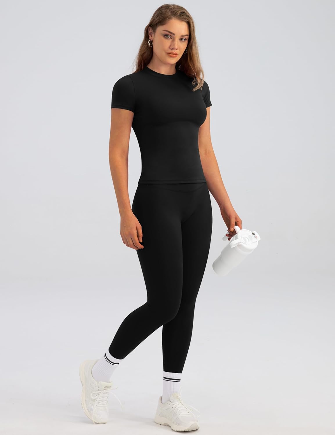 Relety Womens Two Piece Workout Sets Slim Fit Short Sleeve Shirt High Waist Leggings Yoga Outfits Matching Gym Set - Image 2