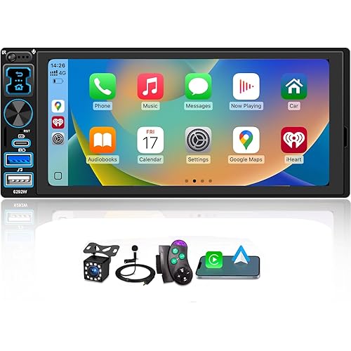 Single DIN Car Stereo Radio with Wireless Apple CarPlay & Android Auto, 6.9" IPS 1280x600 Touchscreen, Bluetooth 5.2, FM Radio, Backup Camera, 1 DIN Head Unit, 180W Subwoofer Out, Type-C Fast Charging