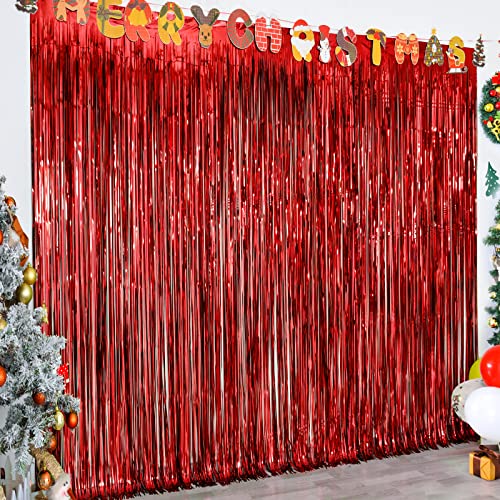Lolstar 3 Pack Christmas Foil Fringe Curtains Christmas Party Decoration 3.3 X 6.6 Ft Red Tinsel Fringe Party Photo Backdrop Streamer Backdrop For Christmas, New Year, Ugly Sweater Party #TOP8