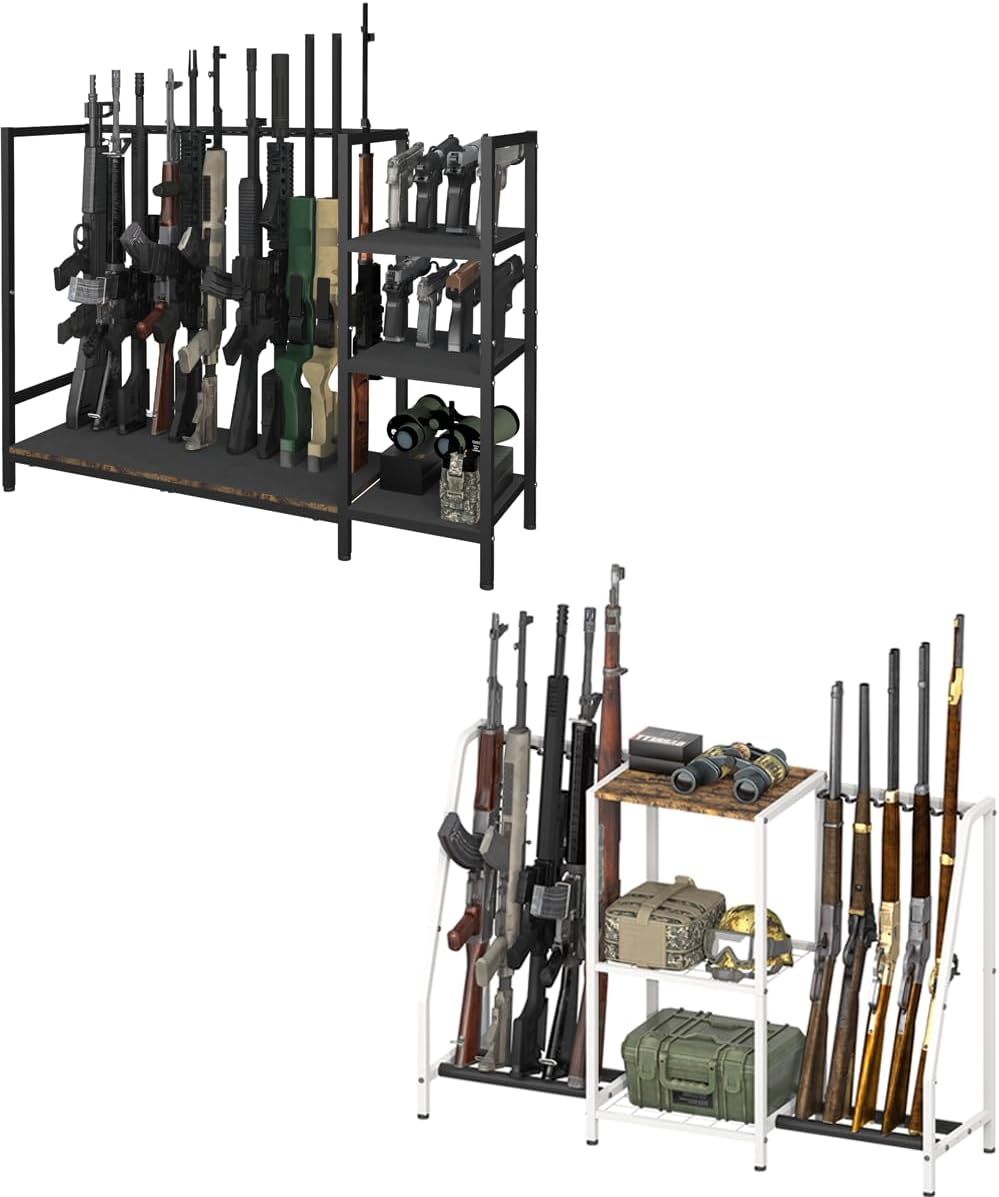 Gun Rack Stand, Hold up to 11 Long Guns and 8 Handguns, Floor Standing Rifle Stand Gun Storage Solutions Shelf, Hold up to 10 Long Guns and Gun Accessories, Black and White