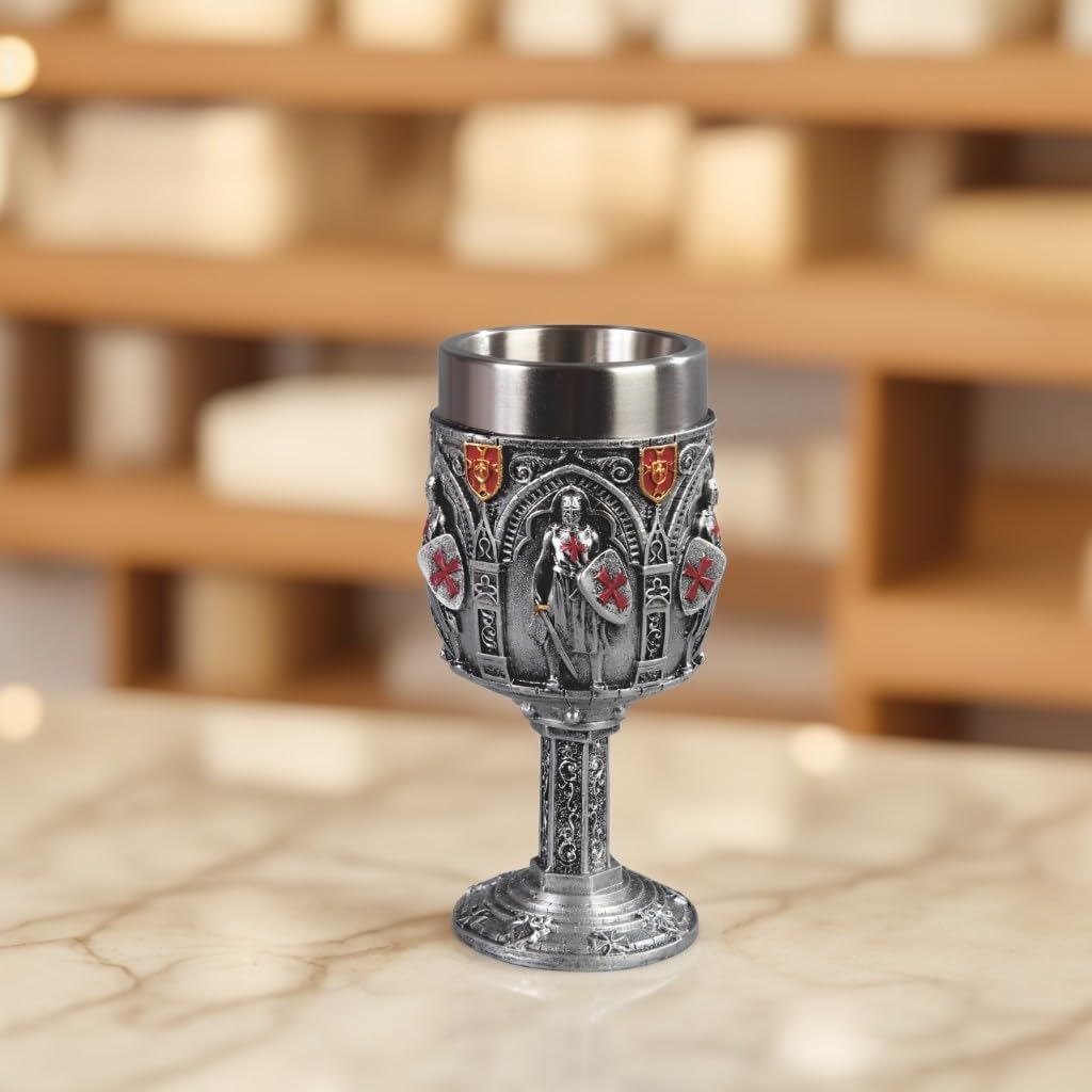 ICE ARMOR 7"H Medieval Knight Goblet with Red Cross Shields and Gothic Crest Design -Decorative Medieval Drinkware for Display & Gifting