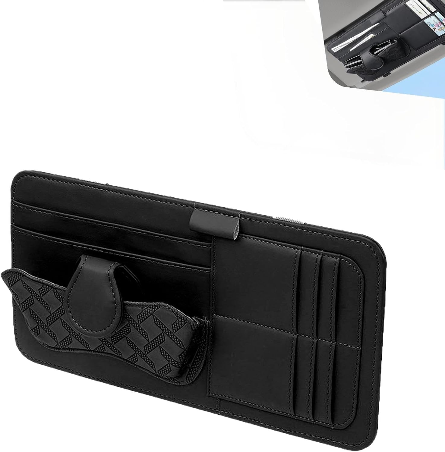 Car Sun Visor Organizer, Multi-Pocket Visor Storage Pouch for Sunglasses, Cards, Pens, Document, Waterproof Leather Auto Interior Organization Accessories, Universal for Most Cars (Black)