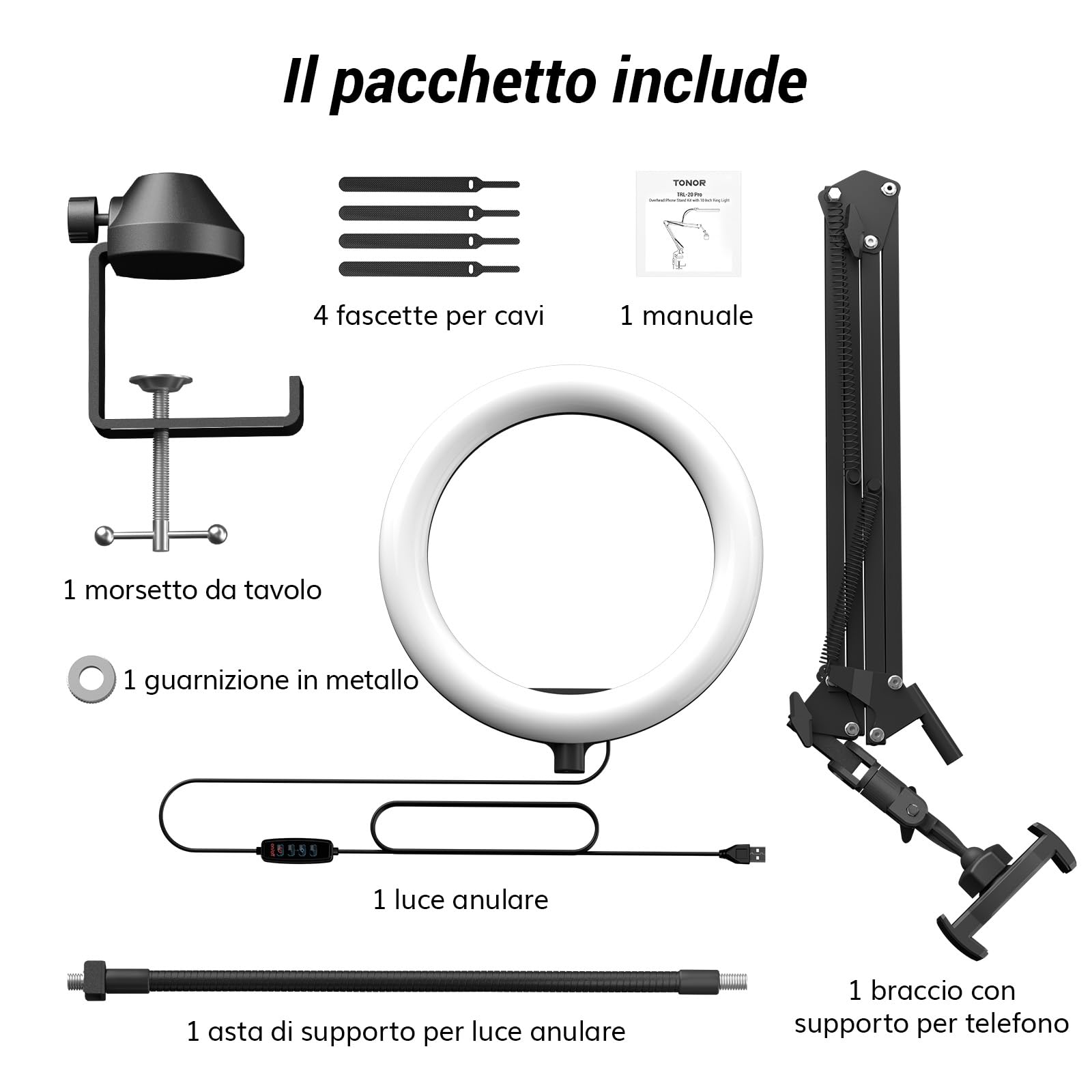 Kit luce anulare TONOR, luce anulare da 10" con braccio Heayy Duty e supporto per telefono, angolo regolabile, adatta per registrazione video, streaming live, disegno, trucco per unghie