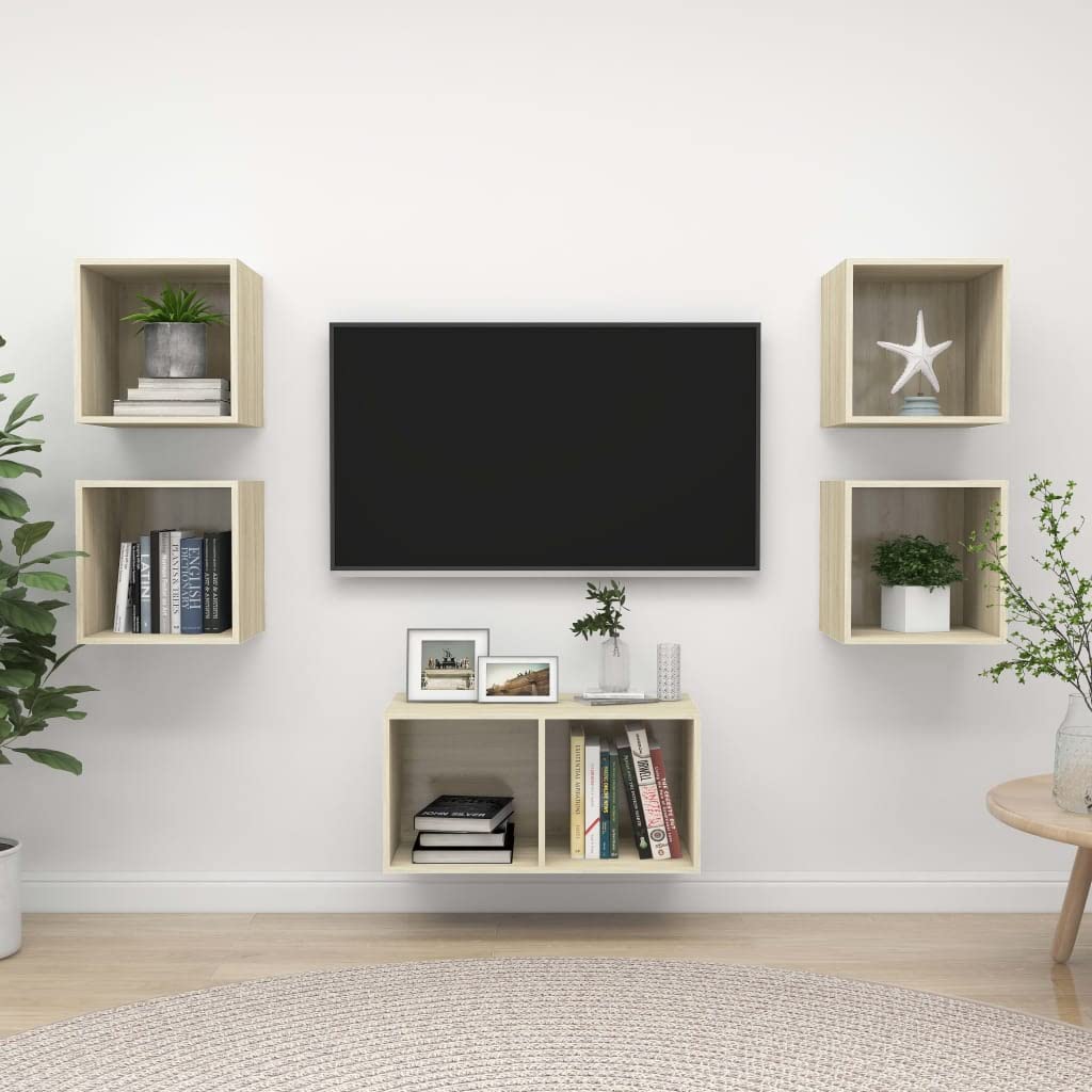 5-TLG. TV-Schrank-Set Sonoma-Eiche Holzwerkstoff, Hängend, Modernes Media-Center für Wohnzimmer, Schlafzimmer, Viel Stauraum