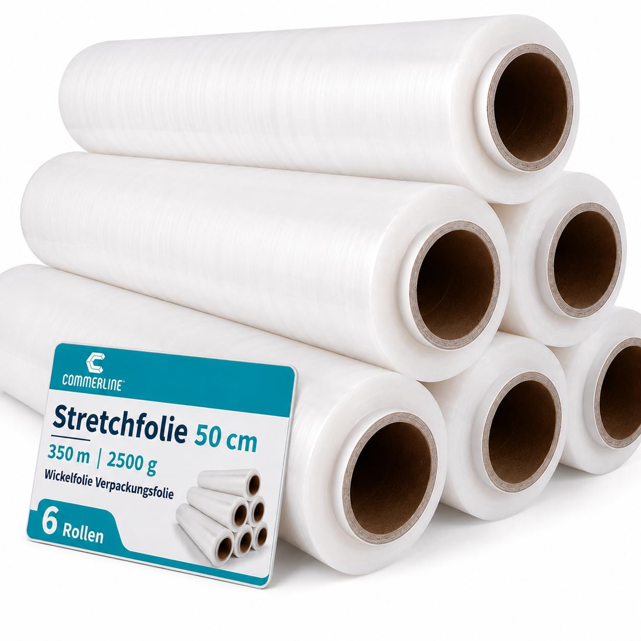 Commerline Lot de 6 rouleaux de film étirable 50 cm, 350 m, 2500 g