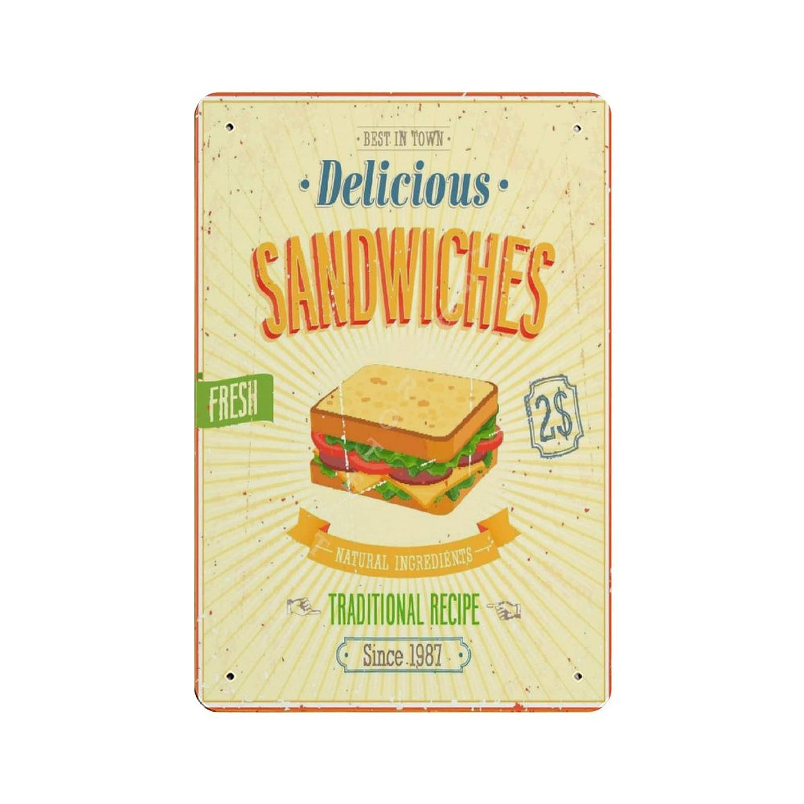 Metal Tin Sign Delicious Sandwiches Vintage Tin Poster Metal Sign Wall Decoration Country Kitchen Home Garage Decor 12"x8"