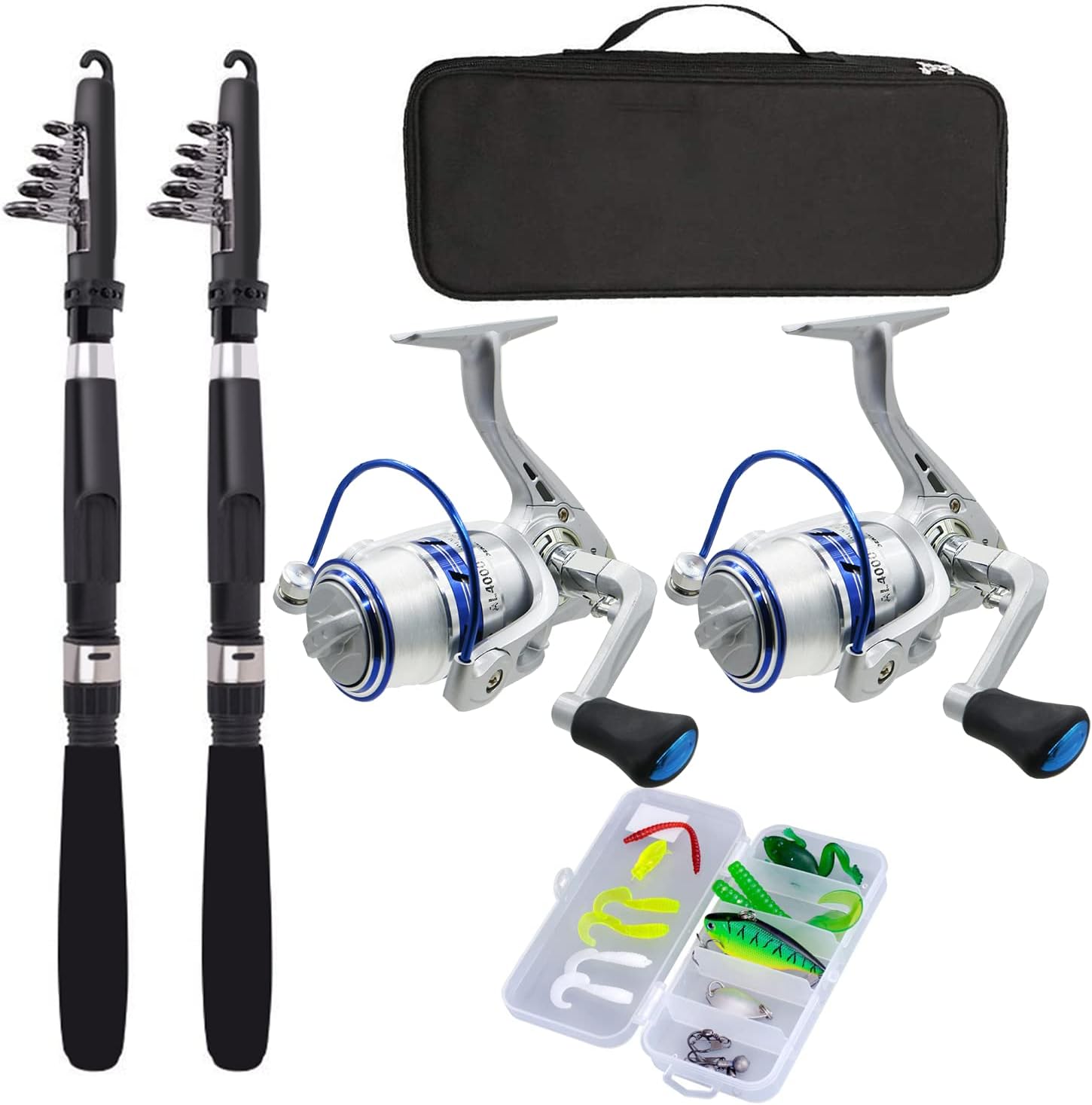 Fishing Pole Combo Set,2.09m/6.8ft 2PCS Collapsible Rods 2PCS Spinning Reels Lures Set Carrier