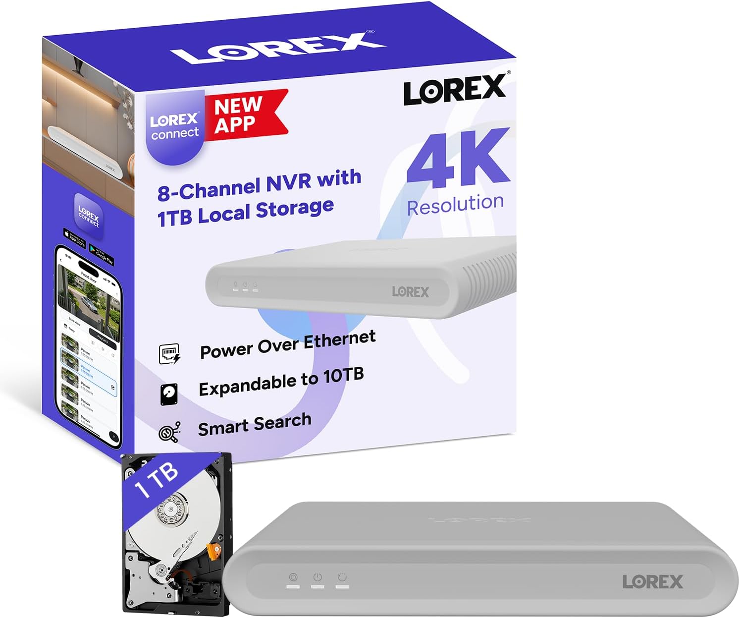 Lorex Connect 4K 8-Channel NVR | Recorder Only | New APP | 1TB Local Storage | AI Person & Vehicle Detection | Smart Search | Whisper-Quiet Operation | Professional Grade | No Monthly Fee