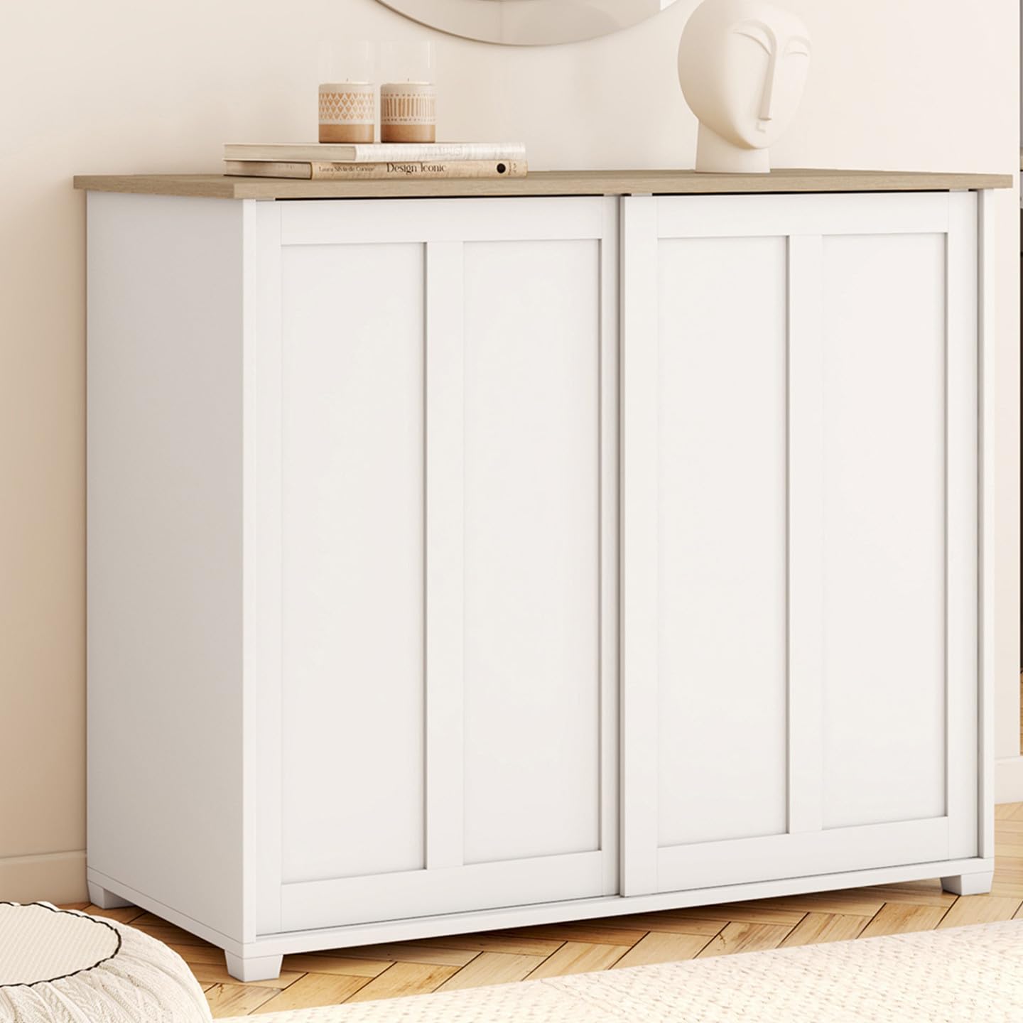 IDMarket - Aparador Jango de 100 cm con 2 puertas correderas, blanco y tablero de madera