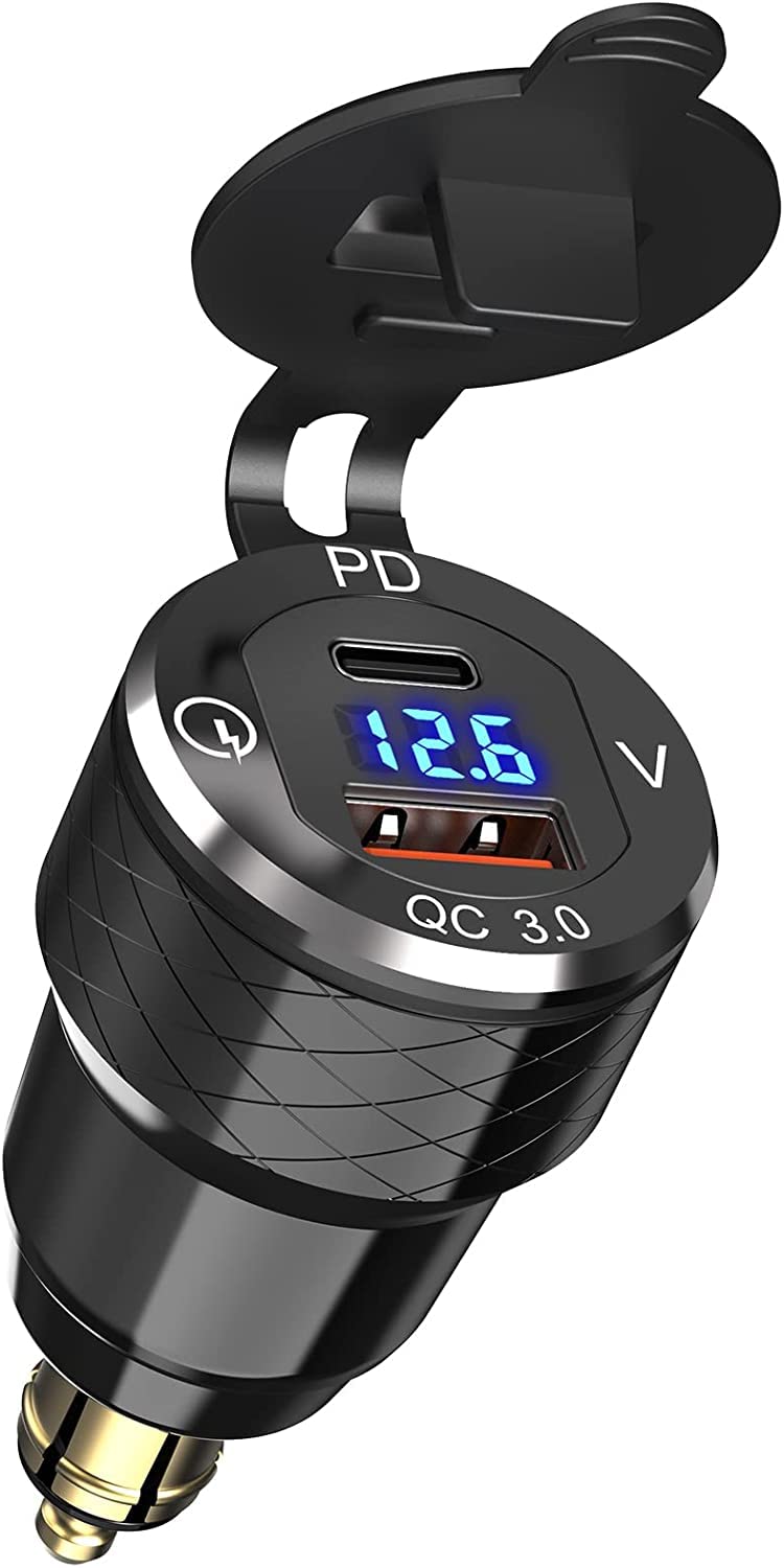 Azonee USB 30W PD3.0 Fast Charger Din to USB, 18W QC3.0 Power Outlet Aluminum Voltmeter for 12V-24V Motorcycle