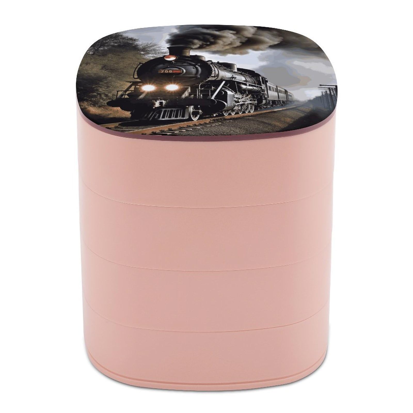 JTREHY Steam TrainJewelry Box 4-Layer Rotating Stronge Boxs Round Travel Jewelry Case with Lid for Bracelets Rings Bracelets, Gift for Women