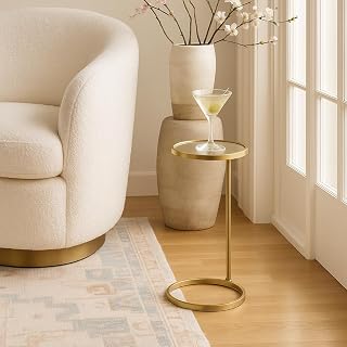TEHOME Gold Glass Drink Table Metal Martini Round Table Small Drink Side Table for Couch Tempered Glass C Shaped End Table for Sofa 10" diam,24.55" h