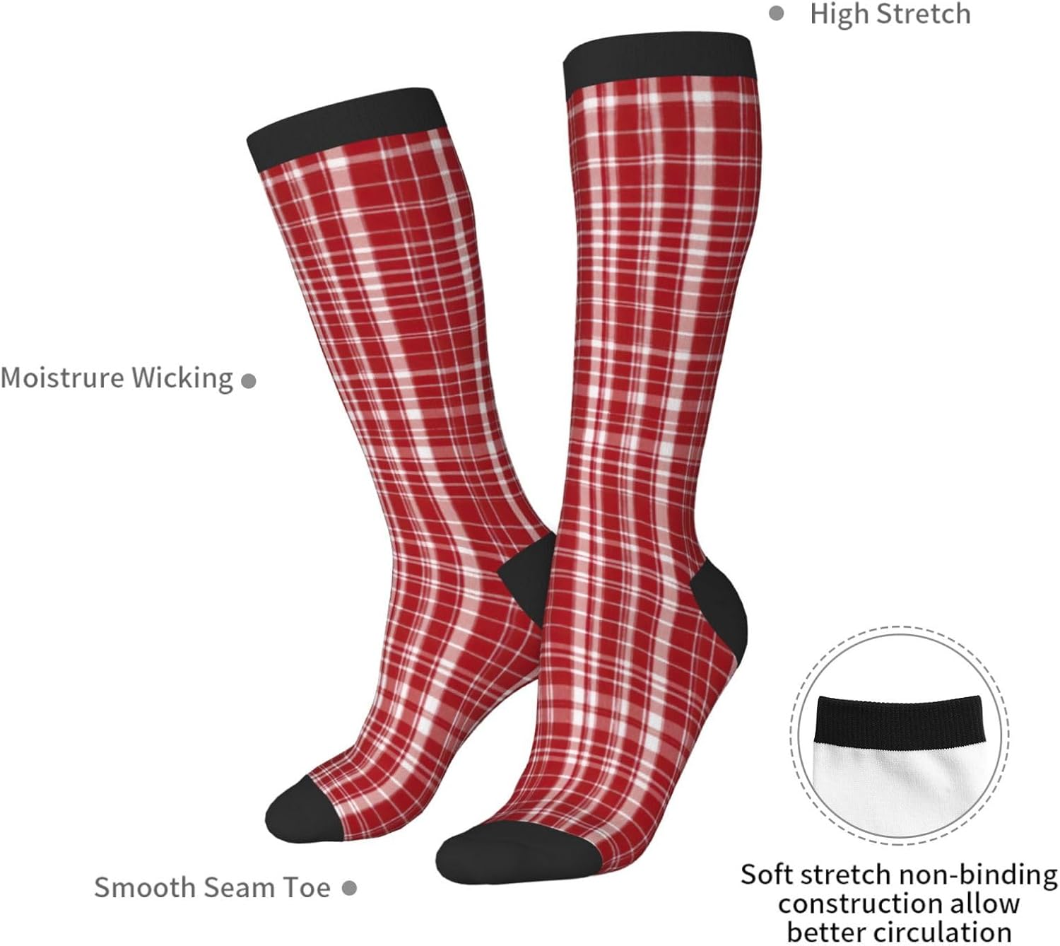 Plaid Red And Black Print Breathable Crew Neck Athletic High Socks,Suitable For Sports,Running,And Travel.