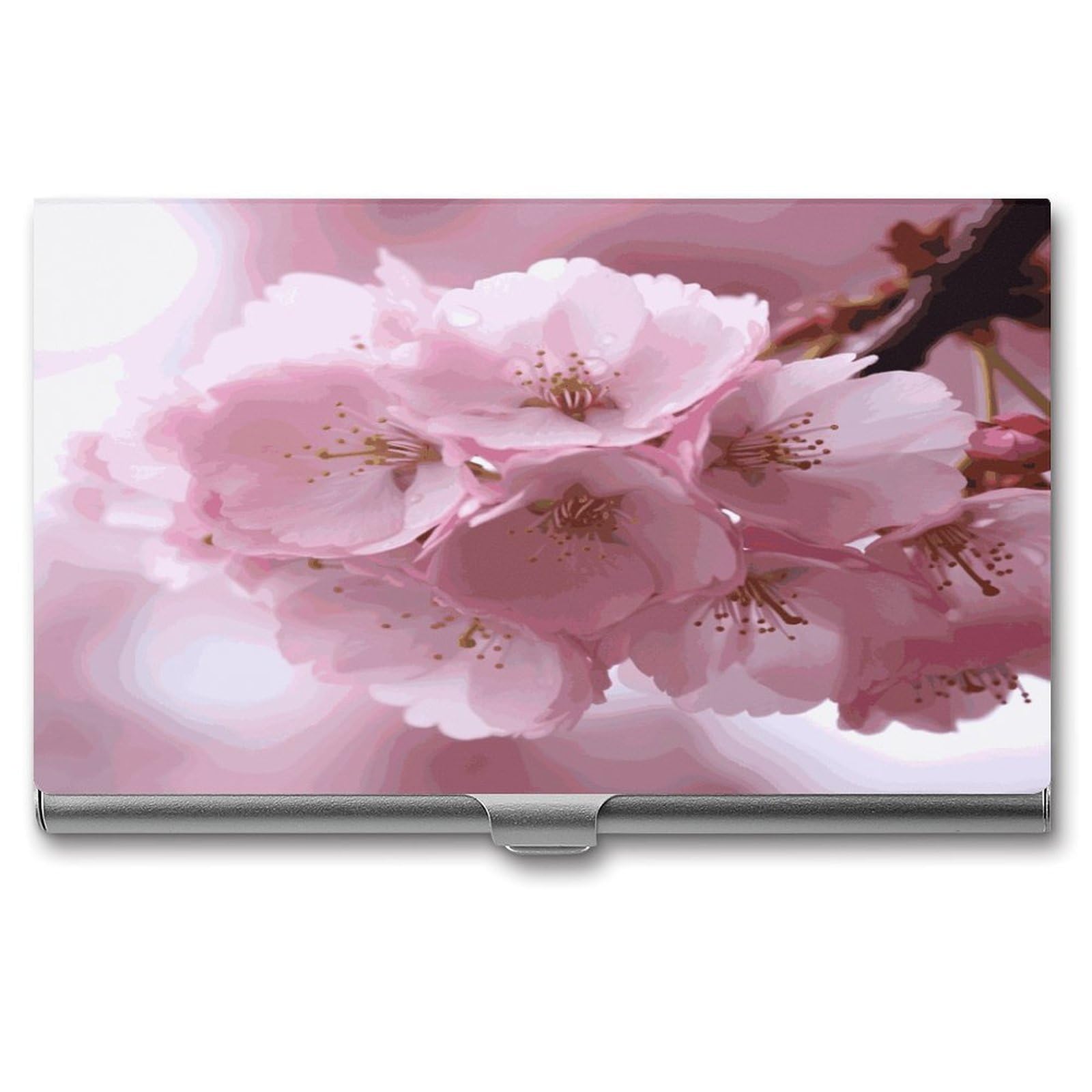 FekiLoot Pink Cherry Blossoms Business Card Holder for Men Women Metal Slim Organizer Business Card Carrier Wallet Name Cards Holder Retro Slim Pocket Purse Small Portable Card Case