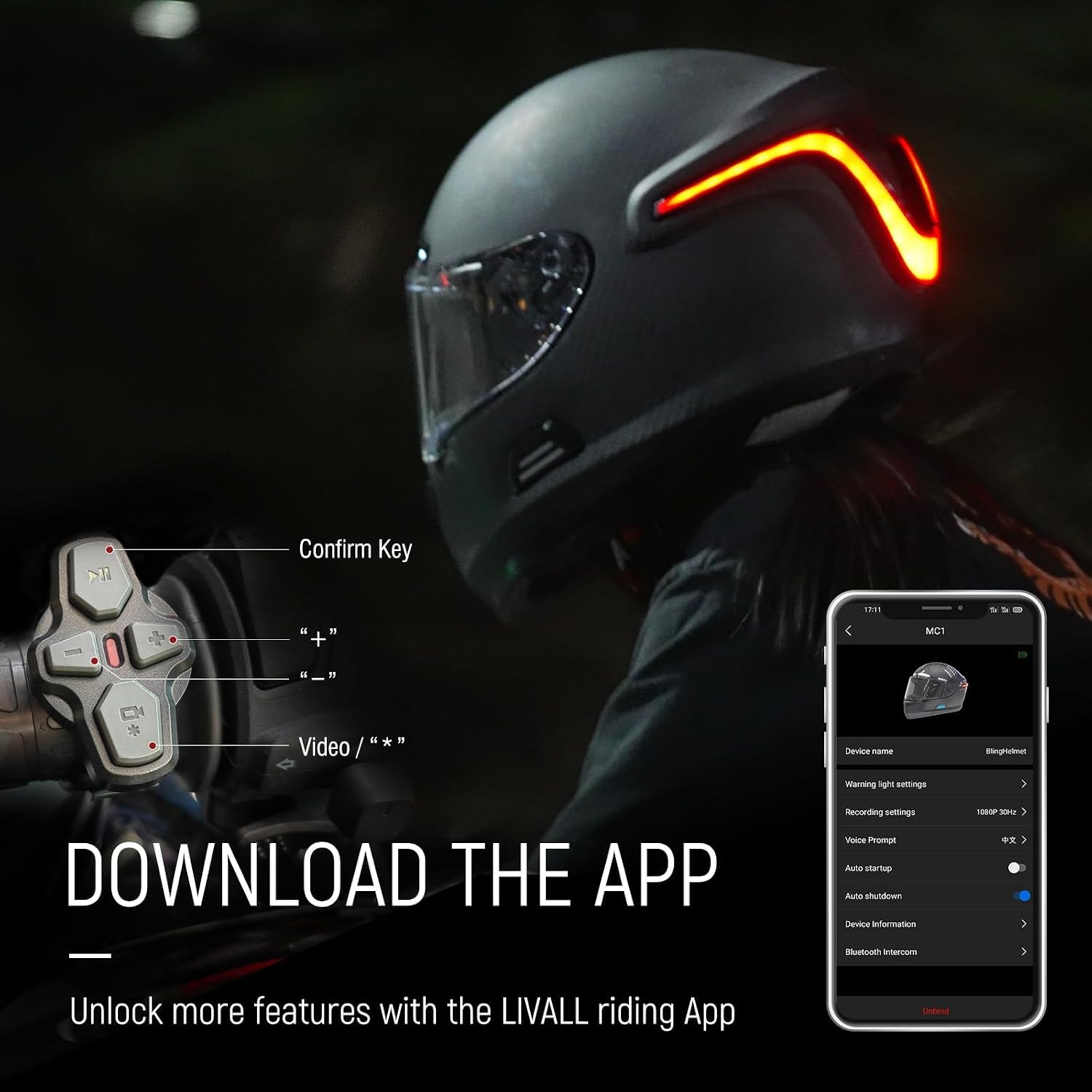 LIVALL MC1 Pro helmet with remote control and app interface
