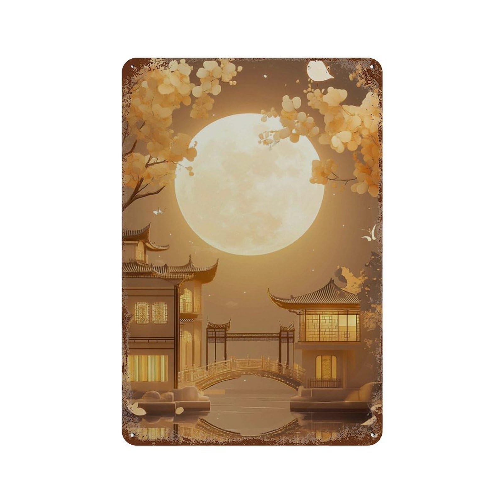 xiaoxiaoshen Golden Moon Palace Asian Night Landscape Elegant Japanese Temple Wall Decor Art Metal Tin Poster Modern Home Decor Art Home Bar Shop Decorations Vintage Sign 30x20cm