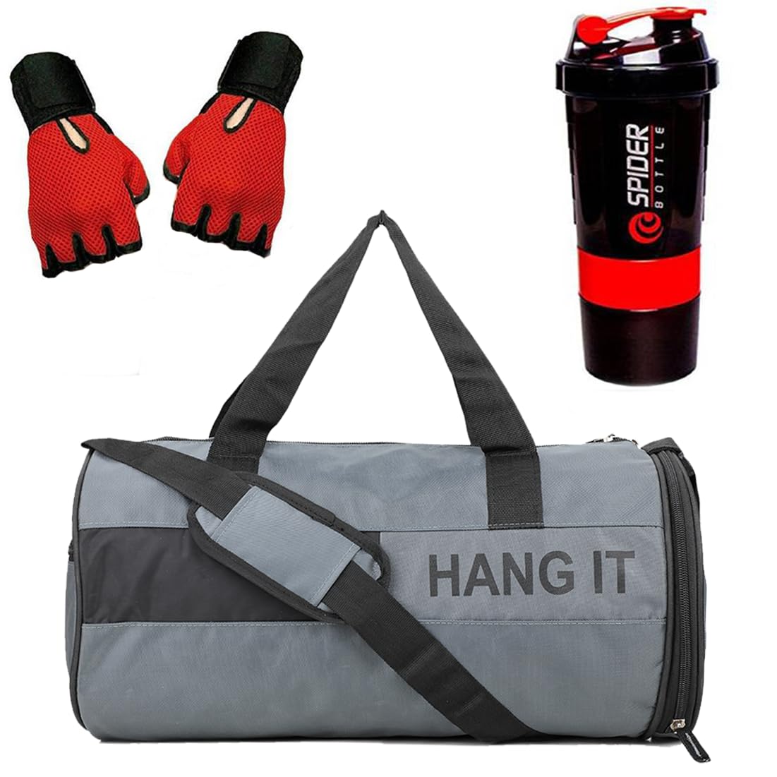 HANG ITGym Bag Combo with Shoe Compartment and Black Bottle, Gloves - Fitness Kit & Gym Bag Combo for Men and Women (RED)