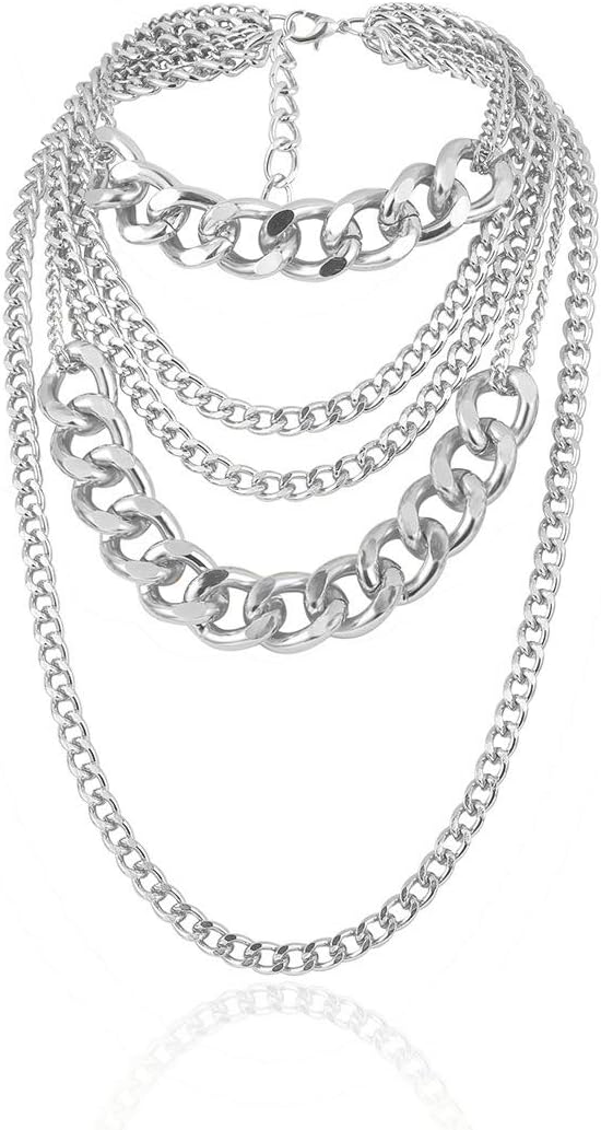 Chunky Gold Necklaces for Women,Multilayer Punk 80s Hip Hop Necklace,Layered Cuban Link Chain Statement Necklace 90s Freaknik Outfit Accessories for Women