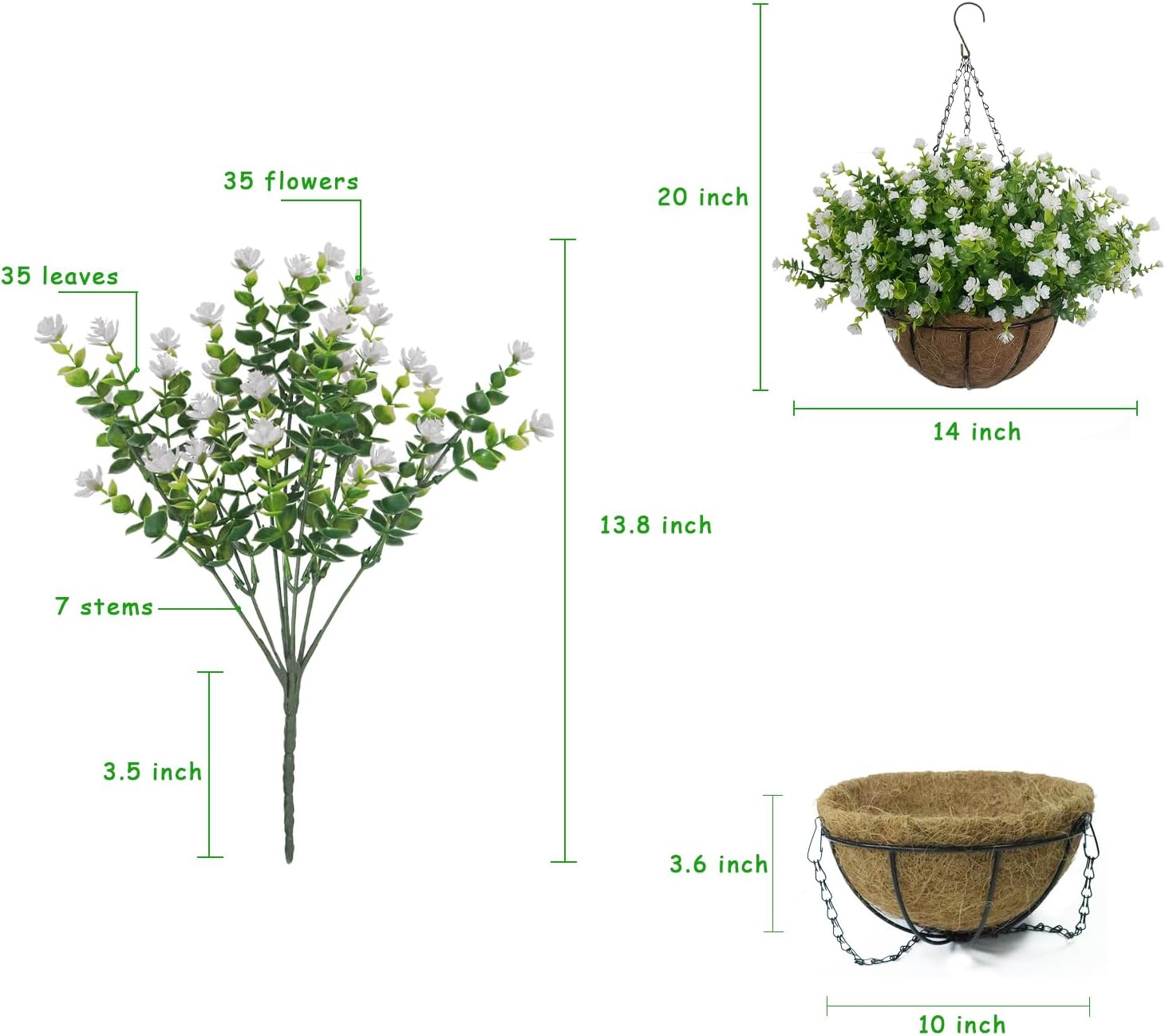 Artificial Hanging Flowers Basket, 12 UV-Resistant Bundles of Realistic Fake Flowers, Faux Plants for Outdoor Decor, Home, Garden, Porch, Patio, Spring & Summer Decorations, White - Image 4