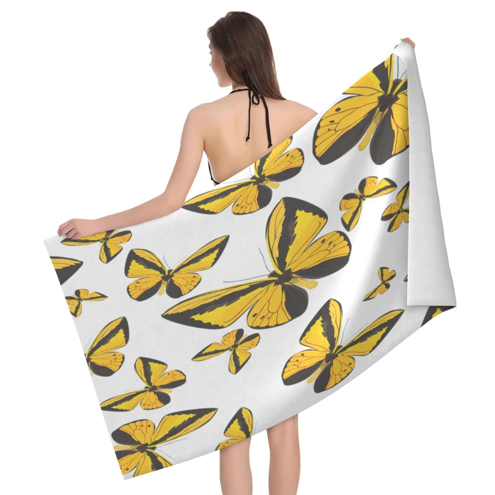 Lawenp Summer with Yellow Butterflies Beach Towel, Lightweight Sand Free Quick Dry Microfiber Absorbent Bath Towel for Kids, Adults, Swimming, Bath, Yoga, Pool, Travel, Camping 32"X52"