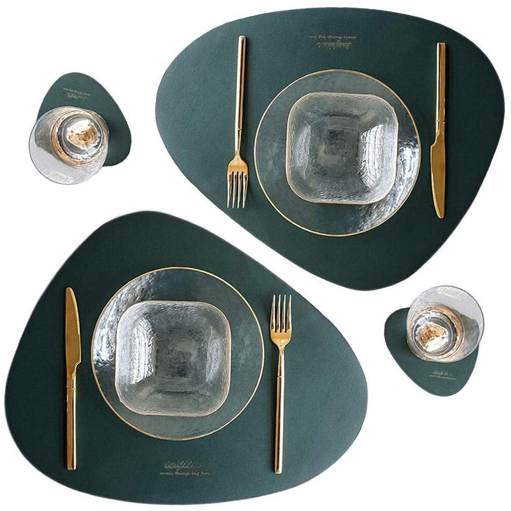 Leather Placemats and Coasters Set of 2, Round Table Coffee Mat Waterproof Greaseproof Heat-Resistant Washable PU Leather Placemat for Dining Table (Green)