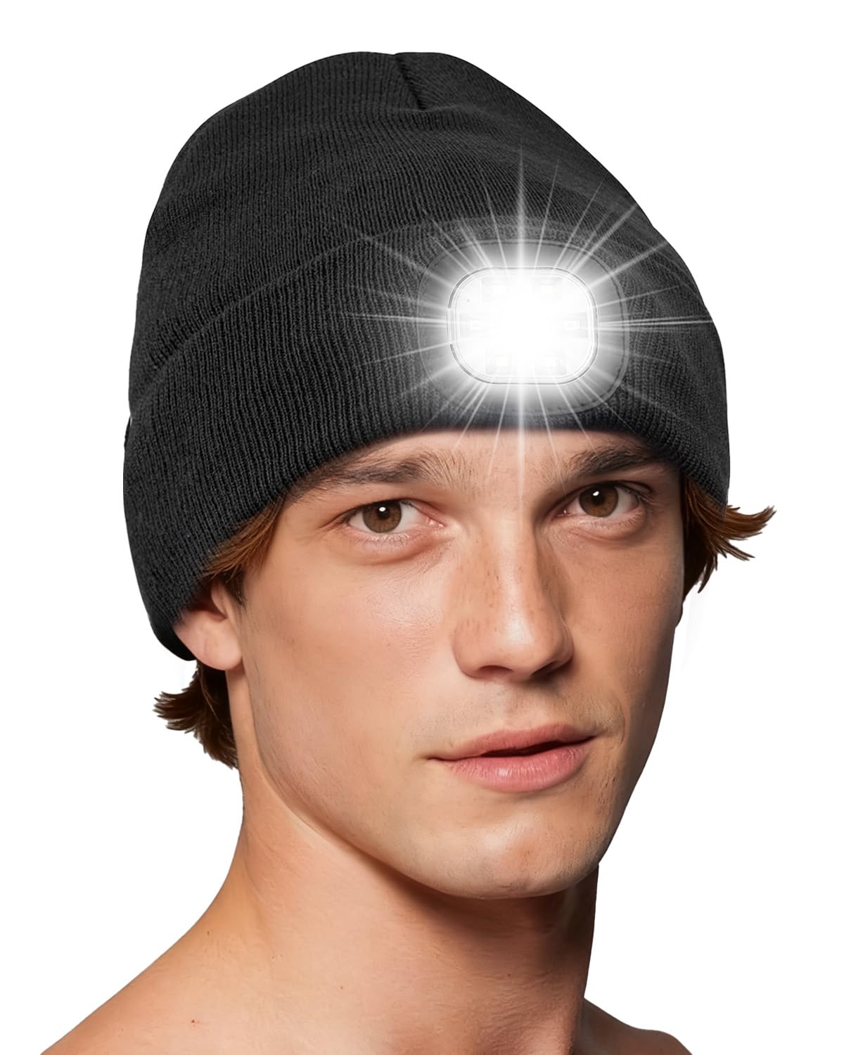 Rantizon LED Beanie Hat with Rechargeable USB Light, Winter Warm Light Up Hat with 3 Modes, Hands Free Head Torch Beanie for Running, Camping & Night Work- Black