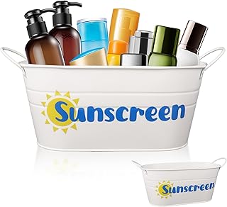 Klmnop Sunscreen Pool Storage Bucket, Metal Poolside Basket with Handles, Sunscreen Storage Box for Indoor Outdoor Swimming Pool Camping Beach(White)
