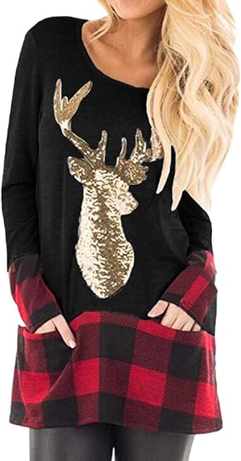 Vestido suéter de tamaño grande para mujer con bolsillo a cuadros de