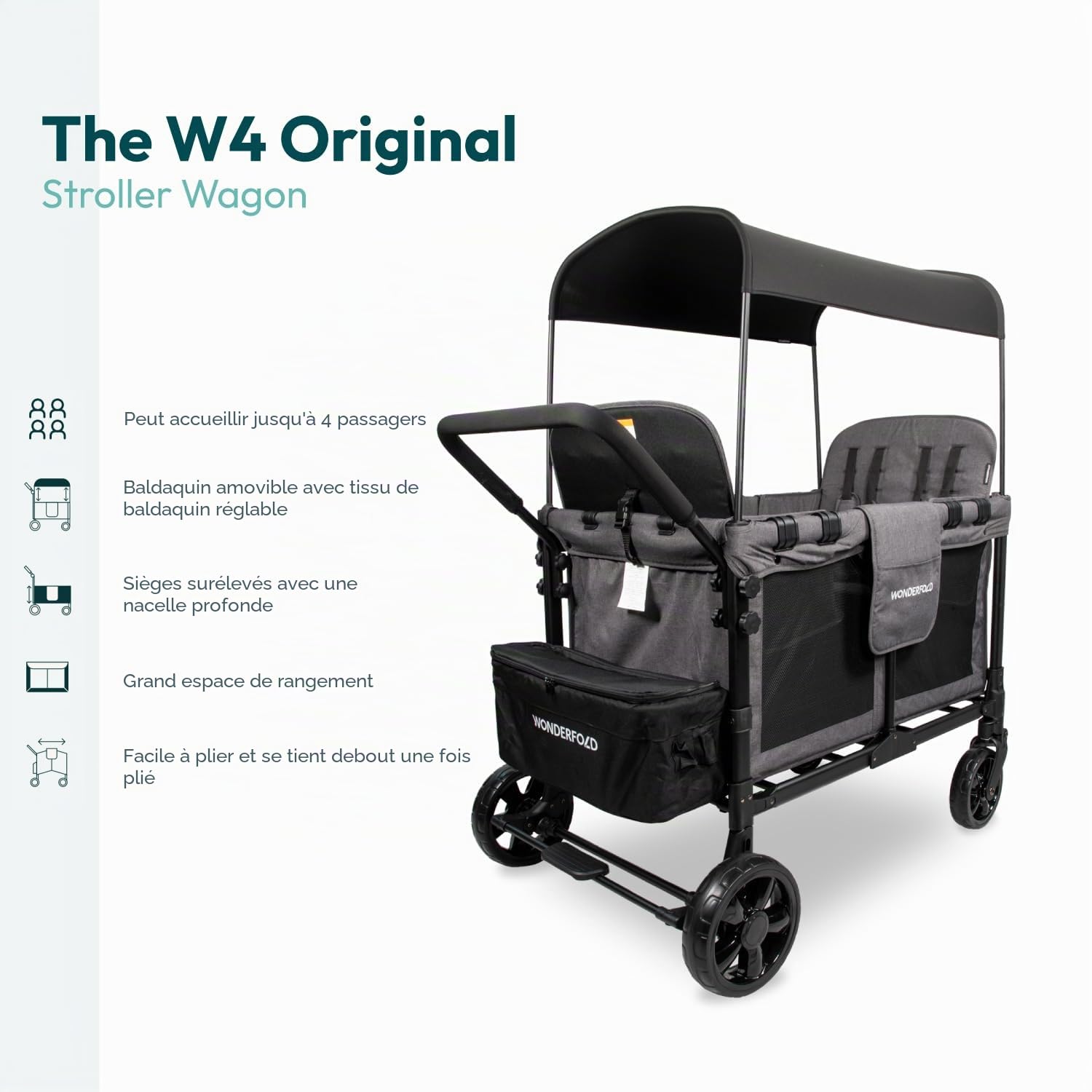 WONDERFOLD W4 Original Poussette (4 places) – Poussette pliable avec sièges avec harnais à 5 points, porte zippée facile d'accès et pare-soleil amovible, gris