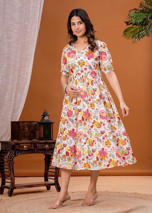 Image of Women's Pure Cotton Floral Printed Maternity Feeding Kurti with Zipper Feeding Dress for Women Feeding Gown
