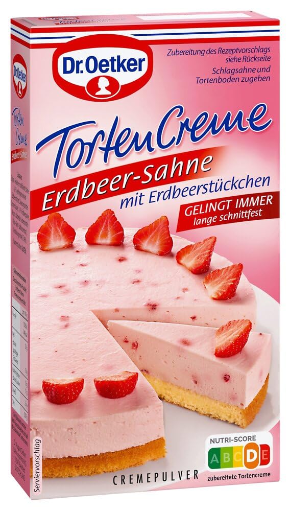 Dr. Oetker Erdbeer-Sahne Tortencreme, 11 x 113 g, Cremepulver für Tortencreme mit gefriergetrockneten Erdbeerstücken und Erdbeerpulver, gelingsichere Zubereitung von Tortenkreationen