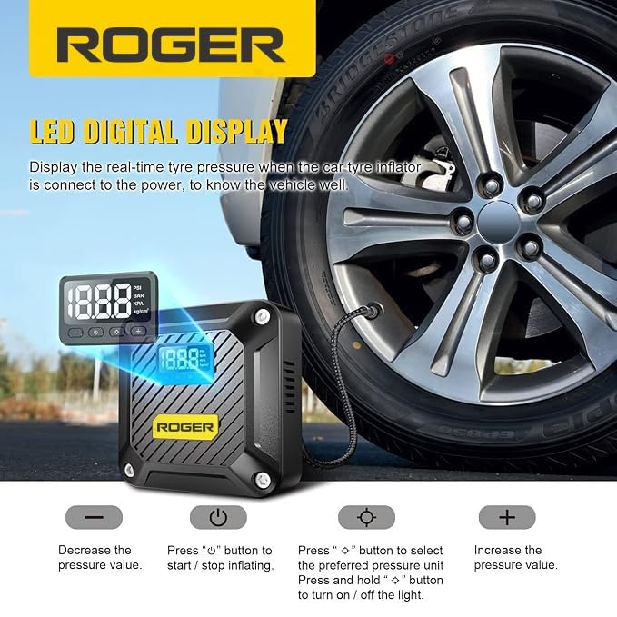 Image of ROGER Portable Air Compressor Pump - Powerful 12V DC Tire Inflator with Digital Gauge, Auto Shut-Off & LED Light - Ideal for Cars, Bicycles, Balloons & More