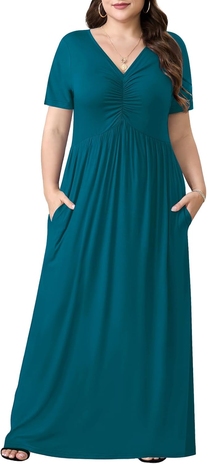 Plus Size Maxi Dresses for Women Summer Casual Short Sleeve Long Dress with Pockets 1X-5X