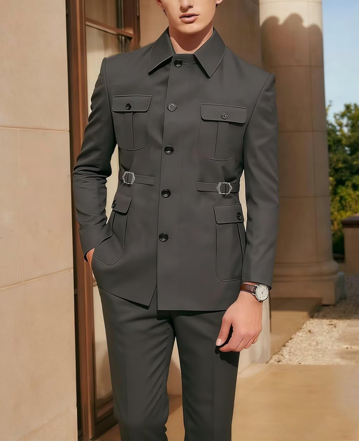 Chinese Suit for Men Stand Collar Safari Suits 2 Piece Slim Fit Wedding Party Gold Button Blazer Pant Set - Image 4