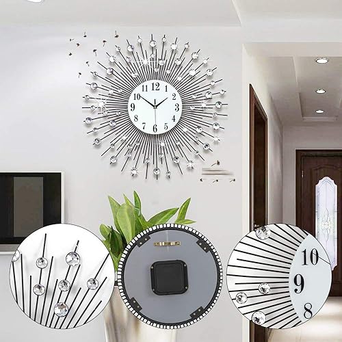 Miniatura 3 de Reloj de pared de cristal 3D de 23.6 pulgadas con diamantes brillantes y tachonados de plata, reloj de pared moderno y de lujo redondo para