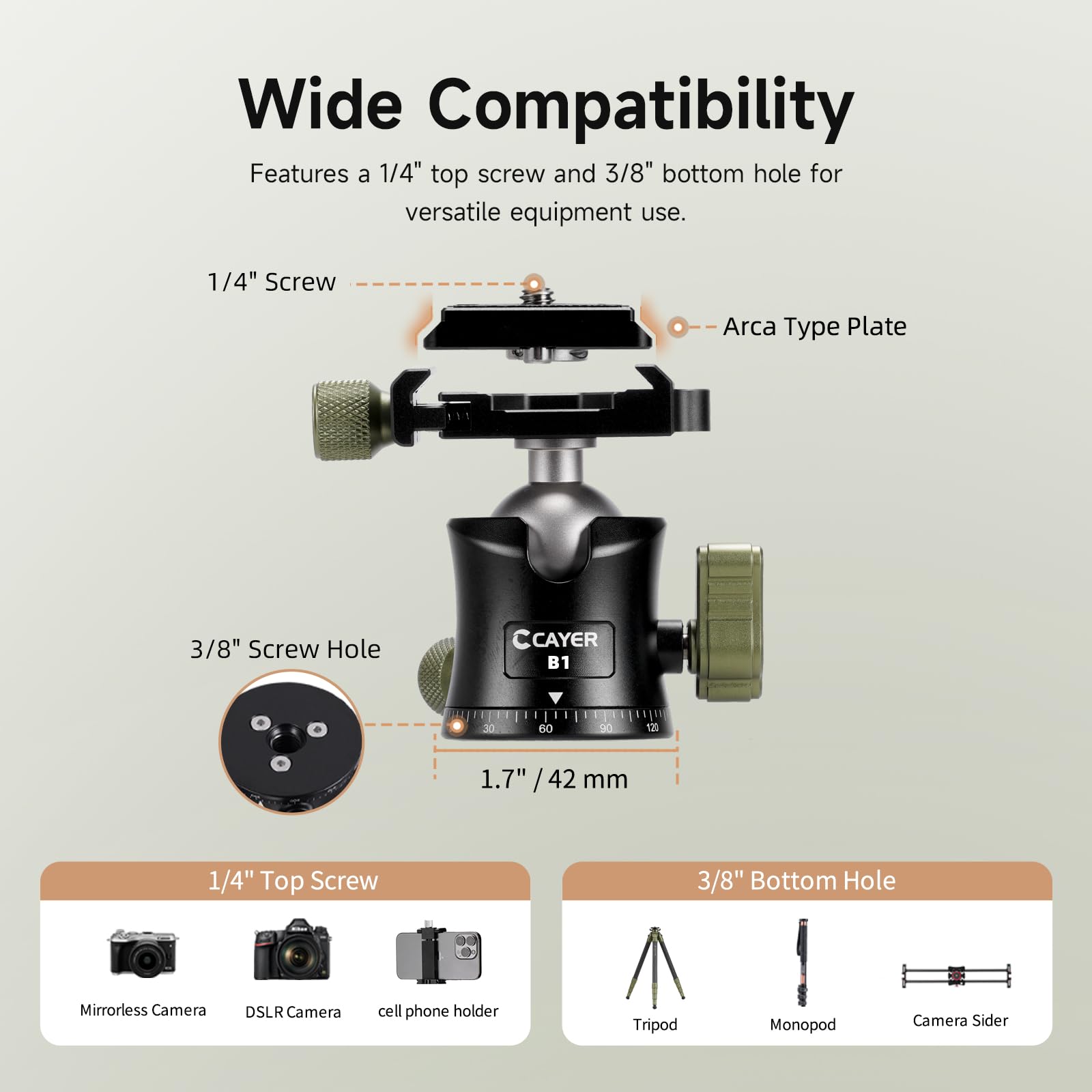 Cayer CH35 Treppiede da Viaggio con Testa Sferica, Treppiede Compatto in Fibra di Carbonio, Altezza 136 cm, Carico Max 8 kg (17.6 lbs) per Fotocamere Mirrorless, Videocamere, Smartphone e Webcam