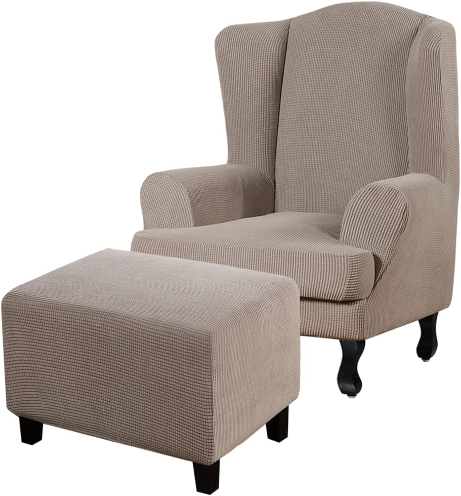 Turquoize Stretch Wing Chair Slipcover Wingback Armchair Chair Sofa Cover Furniture Protector 2-Piece with Ottoman Cover，Taupe