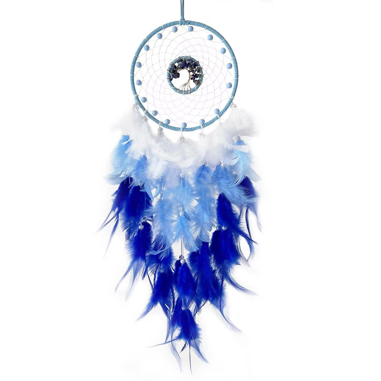 Dream Catchers, Blue Feather Dream Catcher Wall Decor, Crystal Tree of Life Dream Catchers for Wall Hanging, Handmade Dream Catcher for Home, Bedroom Decoration