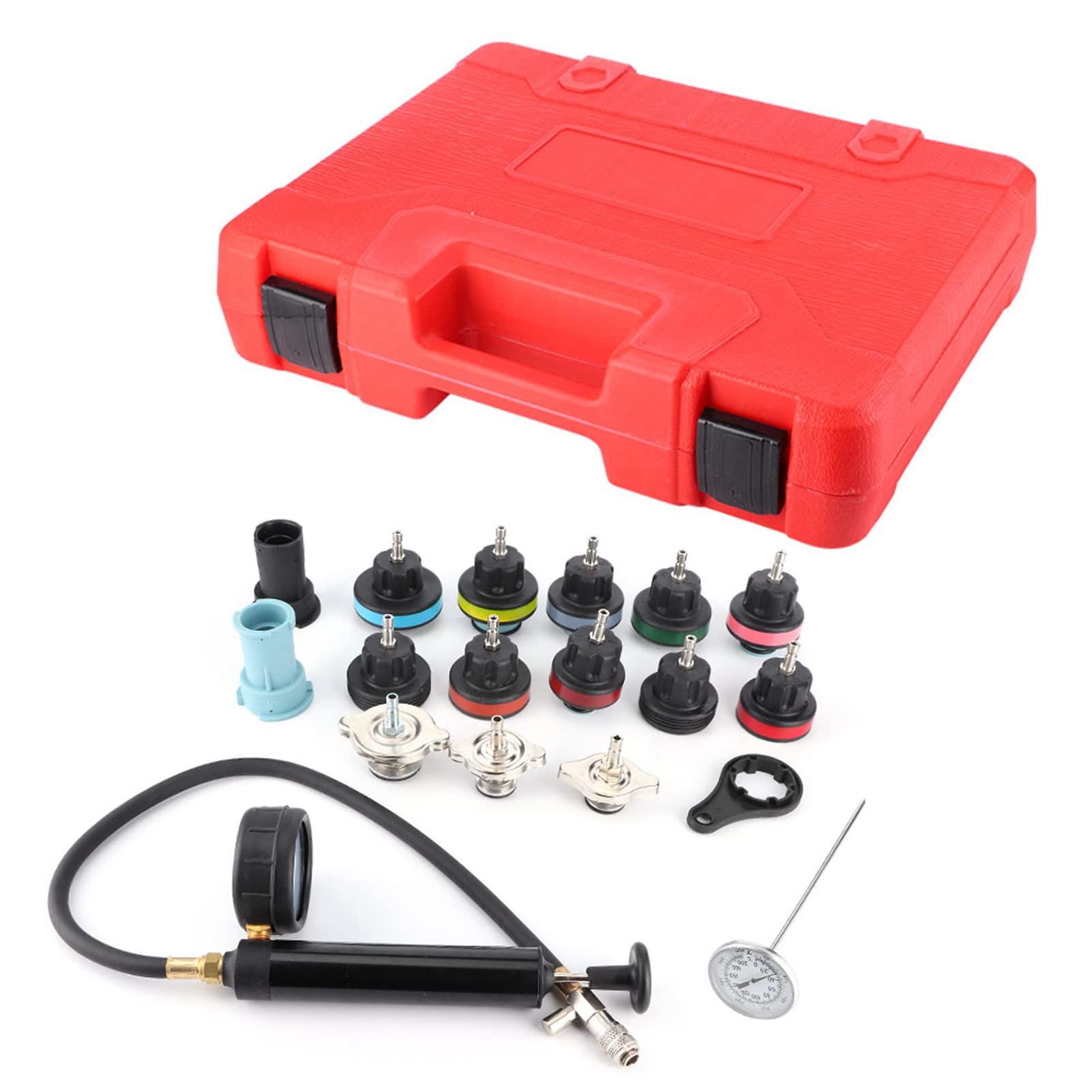 RiToEasysports Kit Tester per Radiatori da 18 Pezzi Tester per di Raffreddamento per PC con Manometro per Pompa Manuale e 13 Adattatori Controllo Accurato delle Perdite per Officine di Riparazione