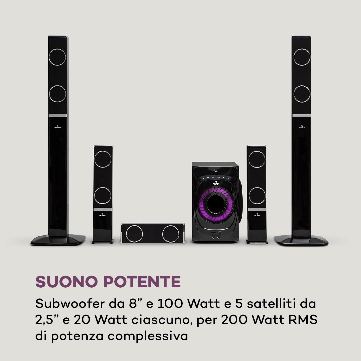 Auna Areal 825 - Sound System 5.1, Impianto Home Cinema 5.1, 200 Watt di Potenza RMS, Subwoofer Home Cinema da 8" + 5 Altoparlanti, Bluetooth, USB, SD, AUX, Telecomando incl., Nero