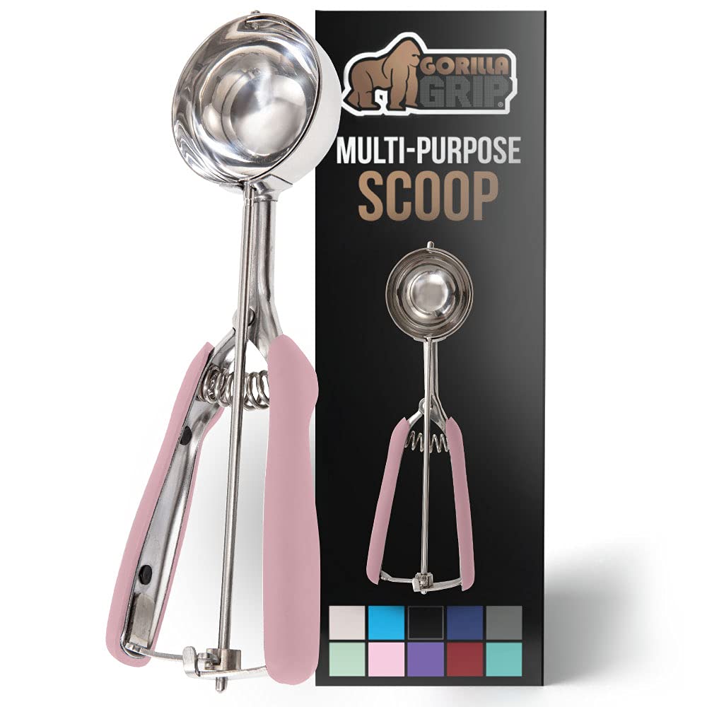 GORILLA GRIP Stainless Steel Multipurpose BPA-Free Spring Scoop, 4 TBSP, Melon Ballers, Cookie Dough Scoops, Perfect Portion Sizes, Easy Squeeze and Clean Release, Scooper Size 16, Pink