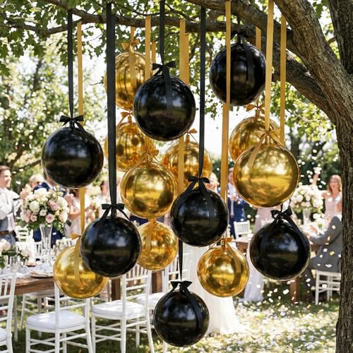 Jenaai 30 Set Graduation Round Foil Balloons Bulk 22 Inch 4d Black and Gold Metallic Giant Balloons Set with Satin Bows Ribbon for 2026 Graduation Party Ceiling Ornaments Decoration by Jenaai - Used condition - Image 4
