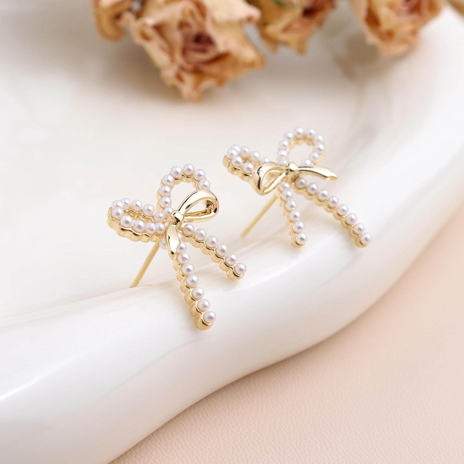 Jean Beau Bow Pearl Stud Earrings for Women, Trendy Dainty Earring Wedding Prom Christmas Fashion Accessories Jewelry Gift - Image 5
