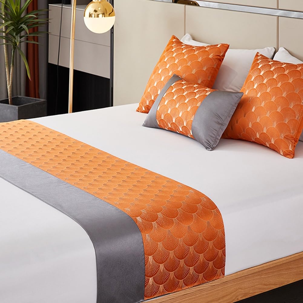 BARDYS Bed Runners And Matching Cushion Cover, Patchwork Bed Runner Scallop Jacquard Modern Luxury Bed Scarf Hotel Guesthouse Bedding Decor (Color : Orange, Size : 50x180cm Bed runner)