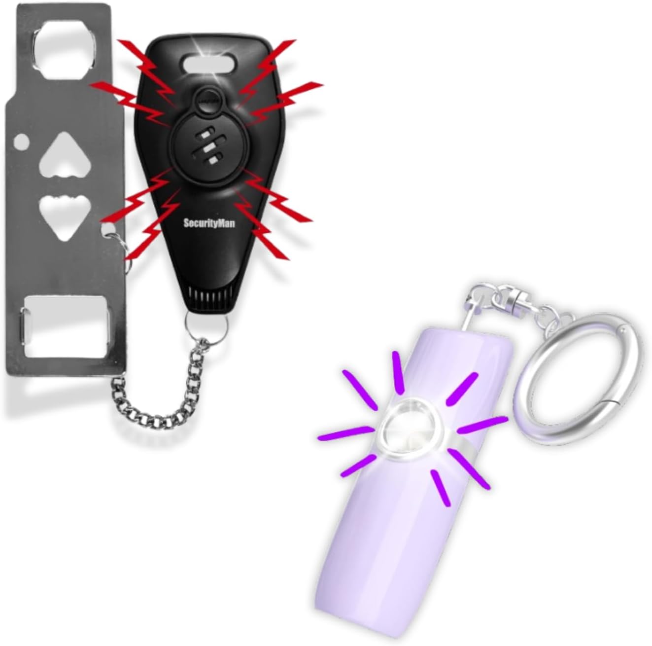 Securityman Portable Door Lock (Black) with 130dB Alarm & Personal Safety Keychain Alarm (Purple) | Travel & Home Security Bundle for Women, Children & Apartment Safety | Loud Self-Defense Siren & SOS