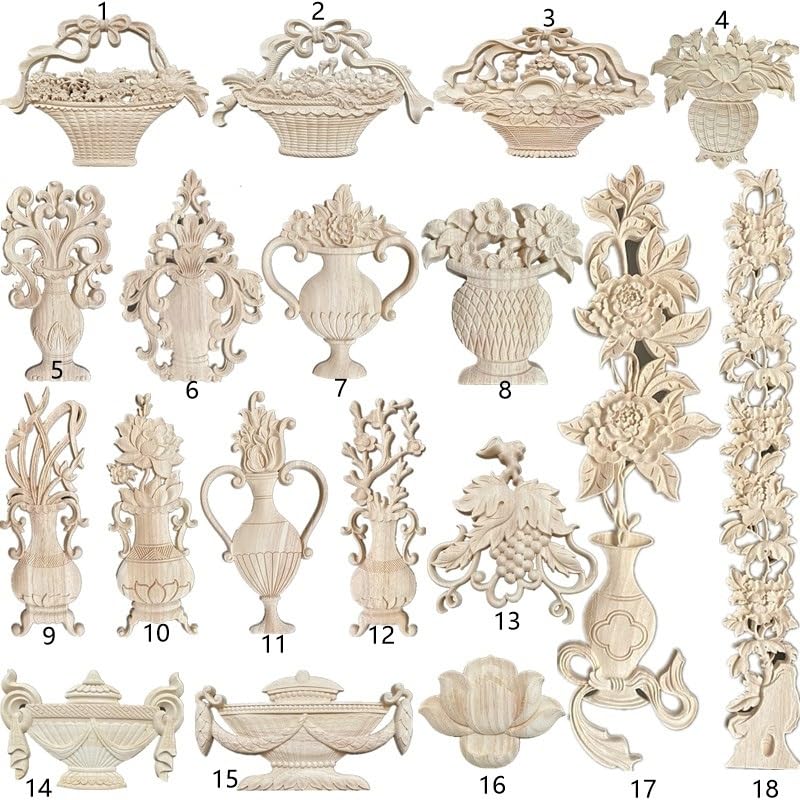 Moulure Decorative Bois Applique en bois massif sculpture de roses style panier de fleurs, patch de meubles, décoration de maison, décoration de mariage miniature Moulure Decorative Plafond(31x30cm)