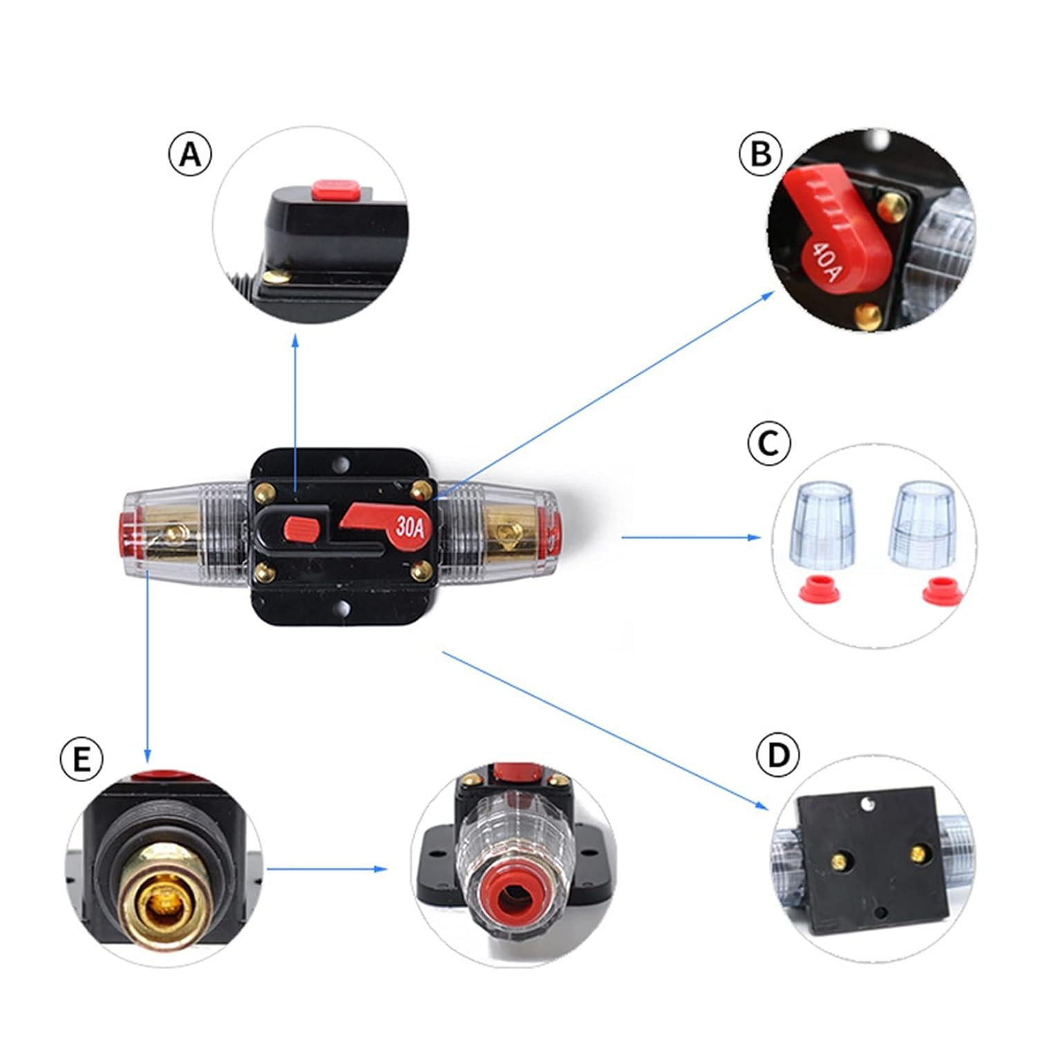 50/30/20/40/60/80A 12V Car Truck Audio Modification Stereo Amplifier Circuit Breaker Automatic Reset Fuse Holder Switch (Color : 30A, Size : Black)