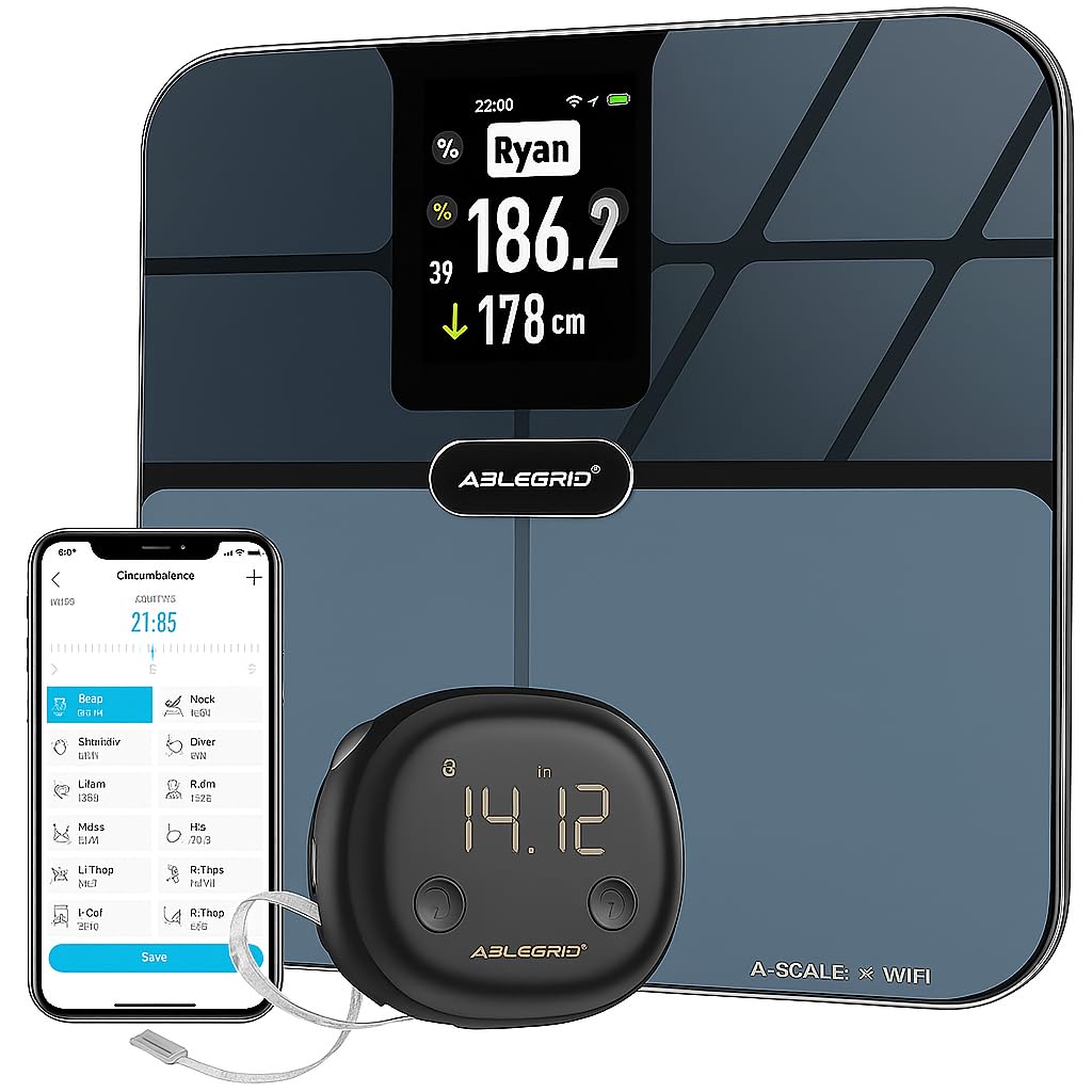 ABLEGRID WiFi Digital Smart Bathroom Scale for Body Weight and Fat Percentage and Smart Body Tape Measure Rechargeable with Fitdays APP
