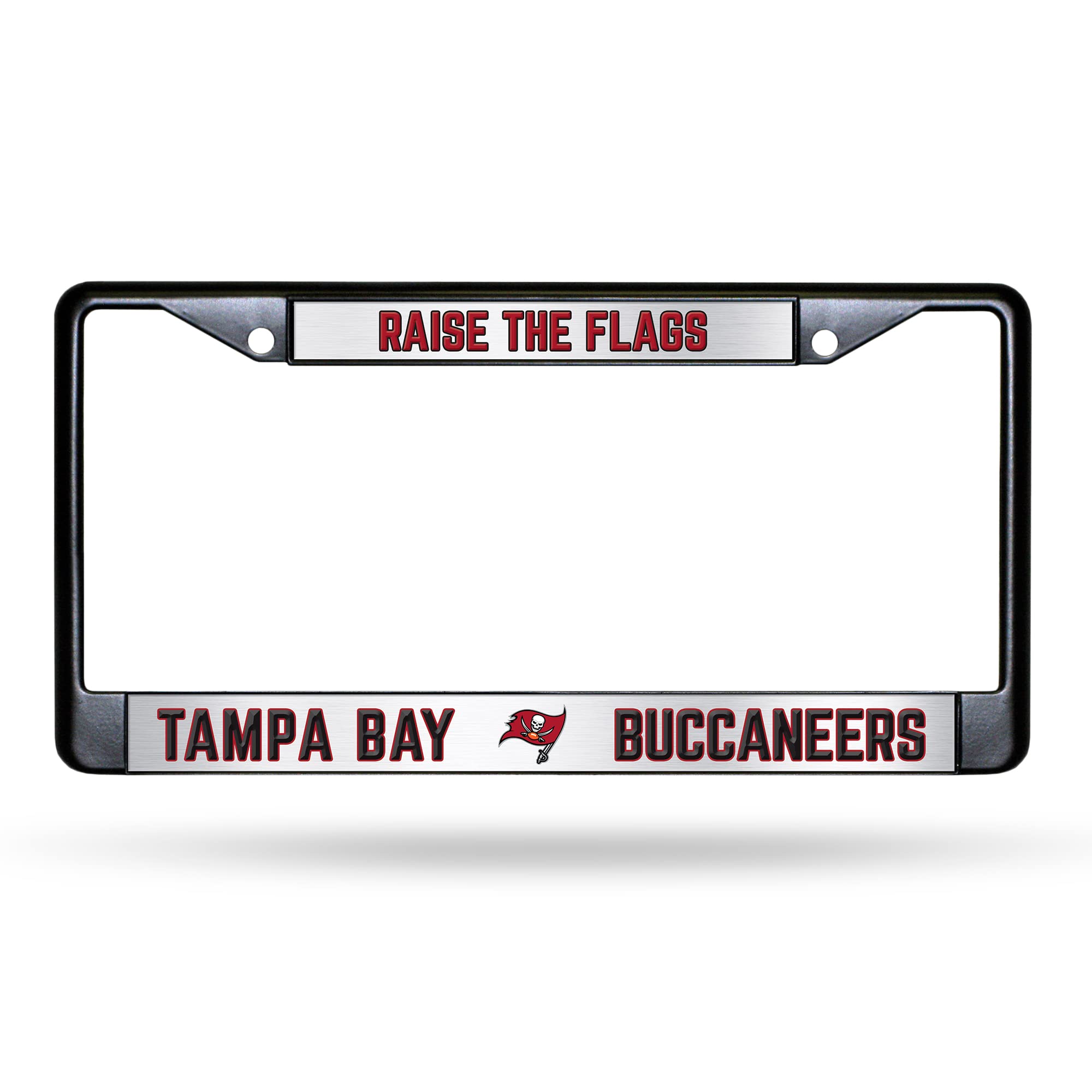 Tampa Bay Buccaneers Premium Black Long Lasting Zinc Alloy NFL License Plate Frame – 2 Screw Tag Holder with Highlighted Team Pride and Team Cheer -