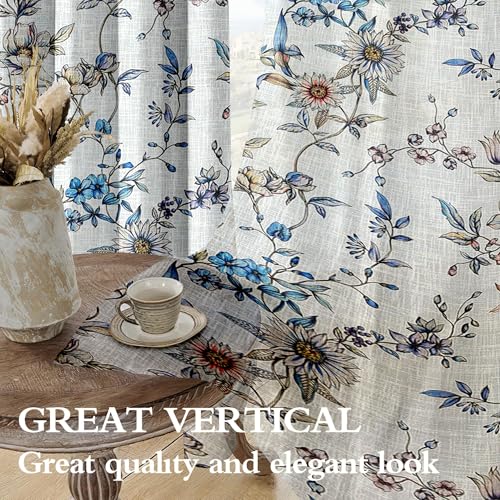 Image of Cortina Linen Printed Sheer Curtain Set of 2 Eyelet Ring Hanging, Floral Printed Curtains Non Blackout Light Filtering Curtains (White, 9FT)